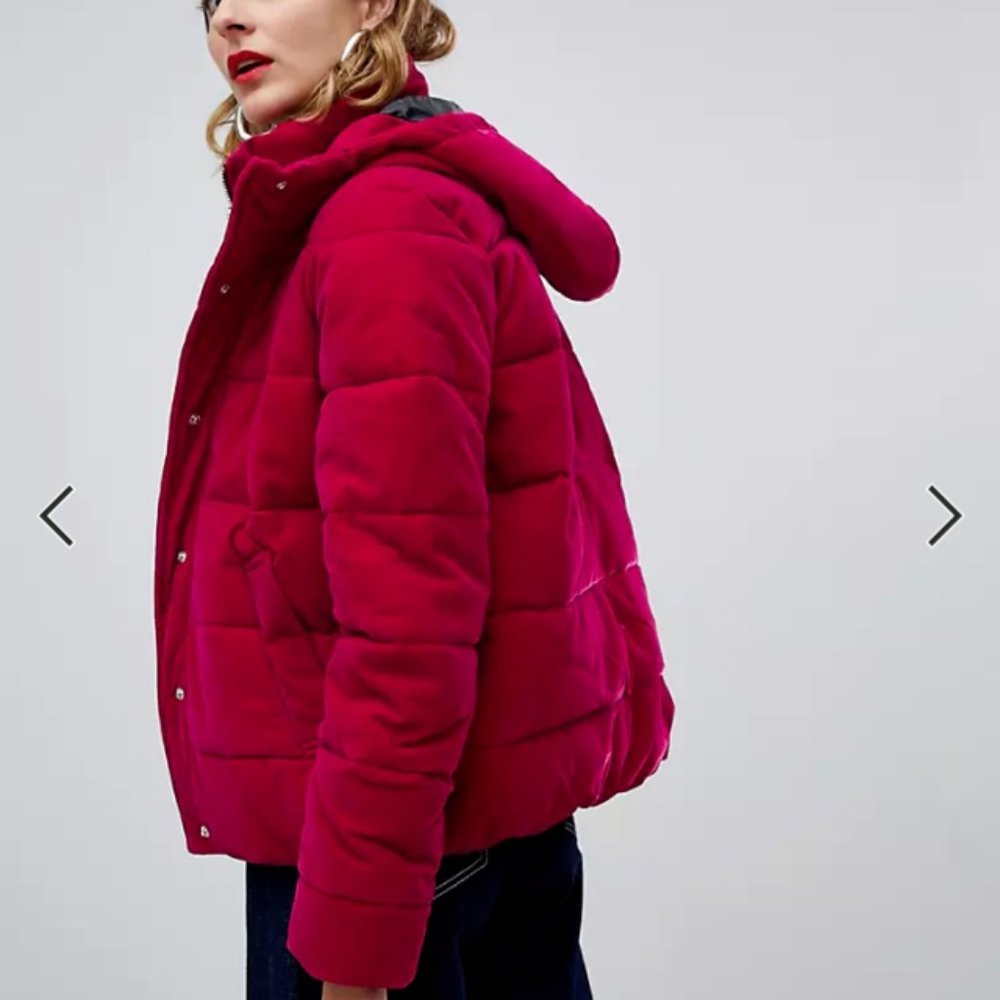 NWT River Island Velvet Hooded Padded Puffer Coat Pink Women's Size 8 H11583 - Picture 7 of 12